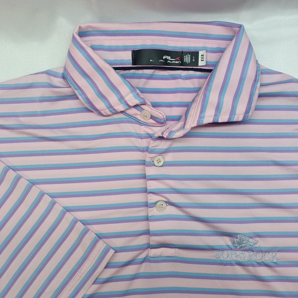 RLX Ralph Lauren Top of the Rock Golf Course Mens‎ L Purple Striped Polo Shirt